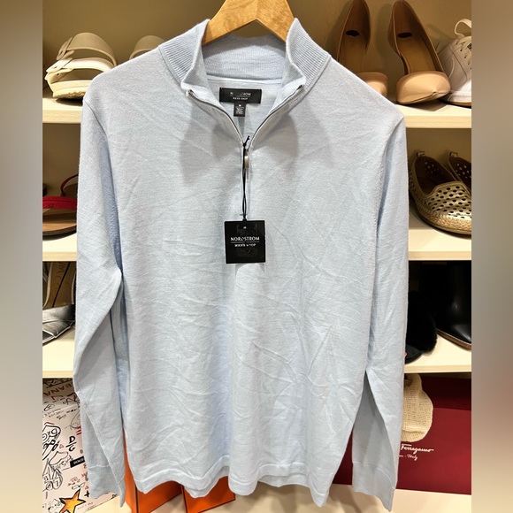 NWT NORDSTROM Men's Shop Tech-Smart CoolMax® 1/4 Zip Sweater Blue Skyway - Picture 1 of 10